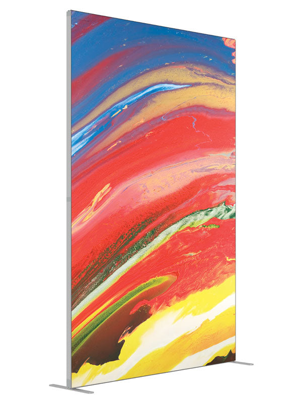 Red blue gold swirl shown at an angled view, photography backdrop panel for Denny StudioEdge silicone edge frame, 5 ft