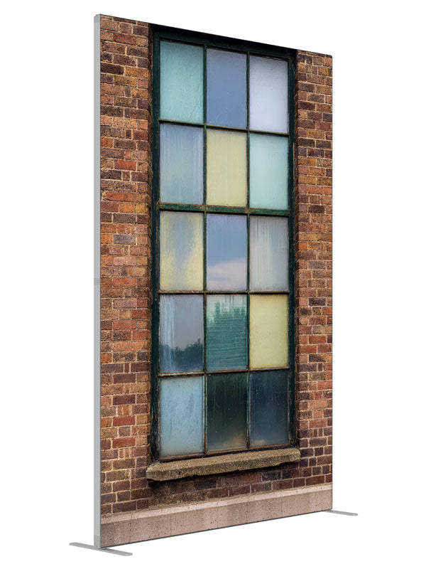 Red brick industrial window grid printed backdrop angled view 5ft - Denny StudioEdge SECP-8865
