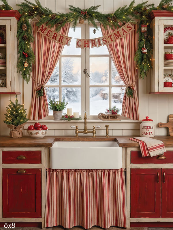 red white Christmas kitchen farmhouse sink photography backdrop CP-8888