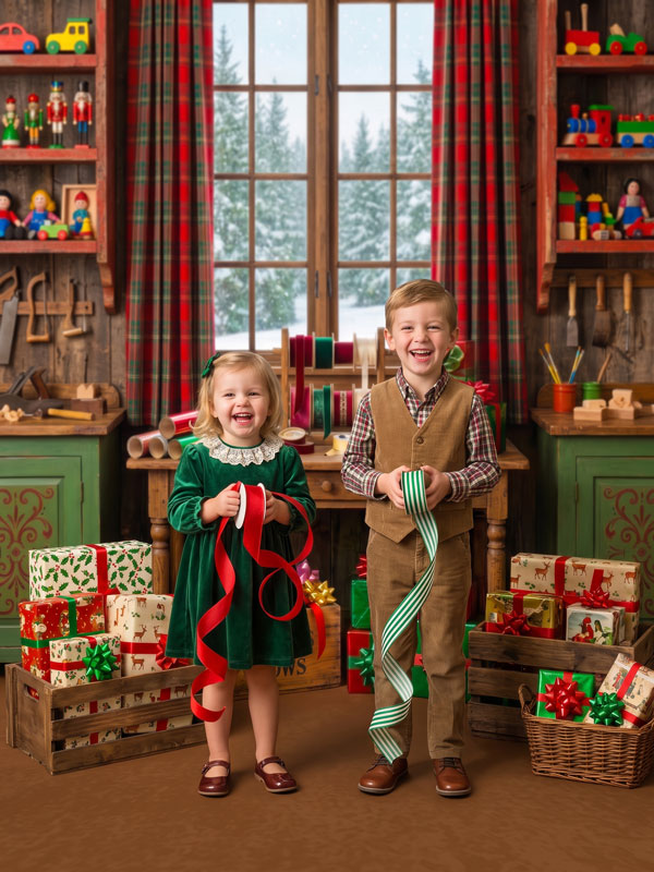 Ribbon Noel Christmas gift wrapping workshop with ribbons and plaid curtains photography backdrop shown with two children playing with holiday ribbons CP-8914