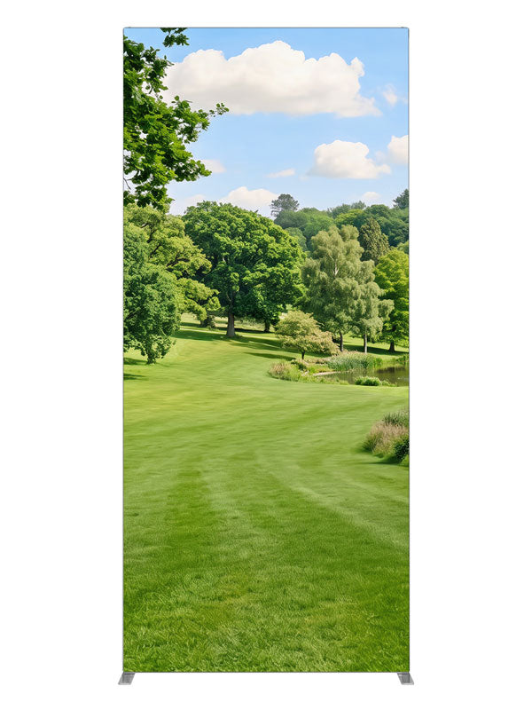 Naturalistic rolling parkland with a small pond, footbridge and wooded hills, 3ft photography backdrop panel for Denny StudioEdge silicone edge frame