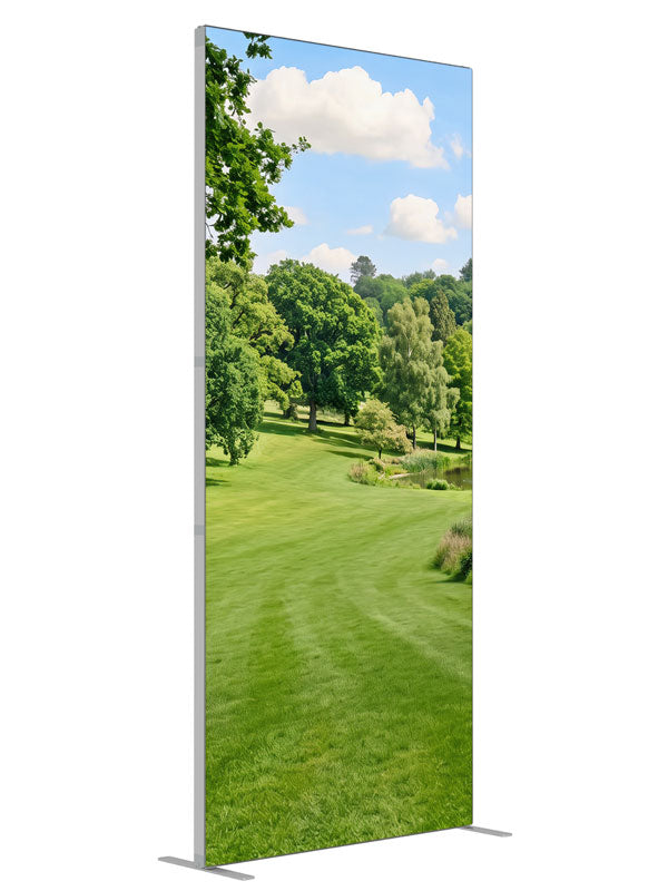 Naturalistic rolling parkland with a small pond, footbridge and wooded hills, 3ft photography backdrop panel for Denny StudioEdge silicone edge frame, angled view