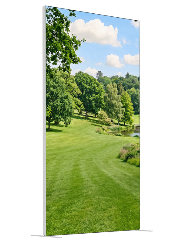 Naturalistic rolling parkland with a small pond, footbridge and wooded hills, 4ft photography backdrop panel for Denny StudioEdge silicone edge frame, angled view
