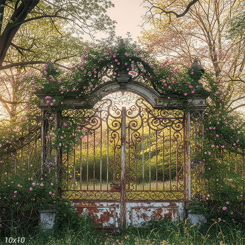 Backlit floral archway with weathered textures and glowing beams of light—perfect for dreamlike portraits.