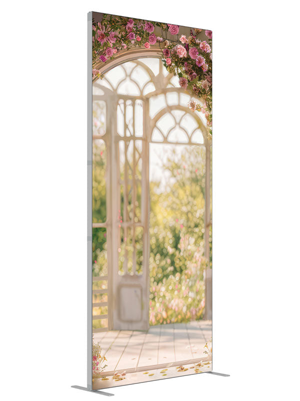Romantic Spring Floral Garden Solarium shown at an angled view, photography backdrop panel for Denny StudioEdge silicone edge frame, 3 ft
