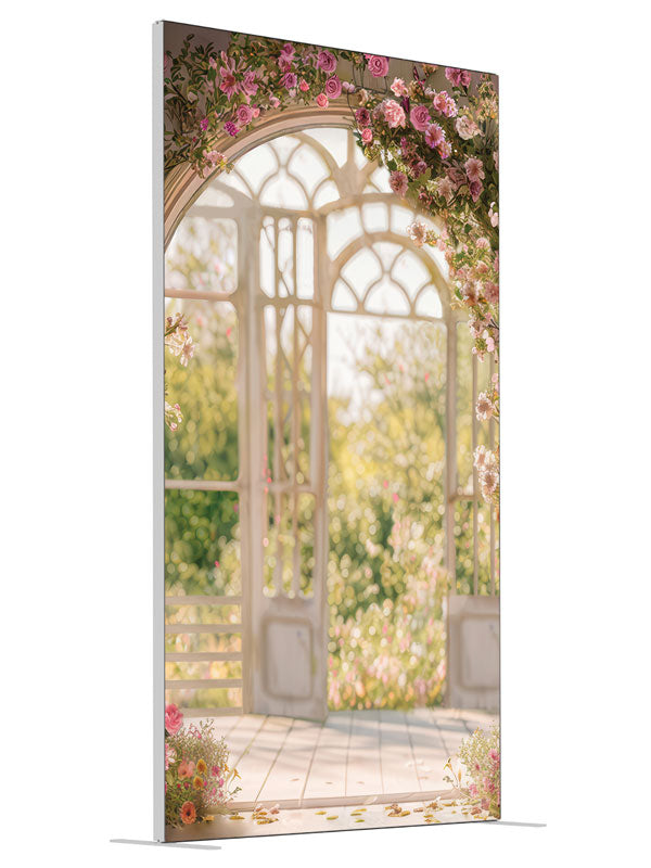 Romantic Spring Floral Garden Solarium shown at an angled view, photography backdrop panel for Denny StudioEdge silicone edge frame, 4 ft