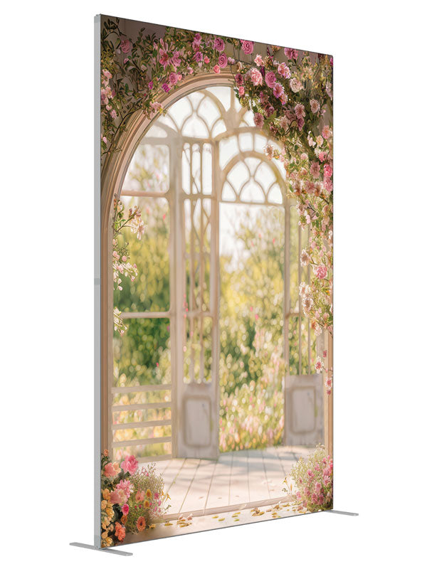 Romantic Spring Floral Garden Solarium shown at an angled view, photography backdrop panel for Denny StudioEdge silicone edge frame, 5 ft