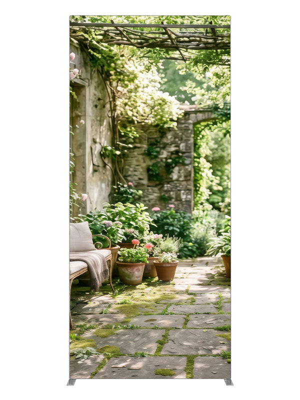 An English garden courtyard with a vine-draped pergola, climbing roses and a flagstone path to an arched doorway, 3ft photography backdrop panel for Denny StudioEdge silicone edge frame