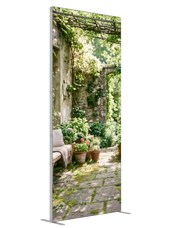 An English garden courtyard with a vine-draped pergola, climbing roses and a flagstone path to an arched doorway, 3ft photography backdrop panel for Denny StudioEdge silicone edge frame, angled view