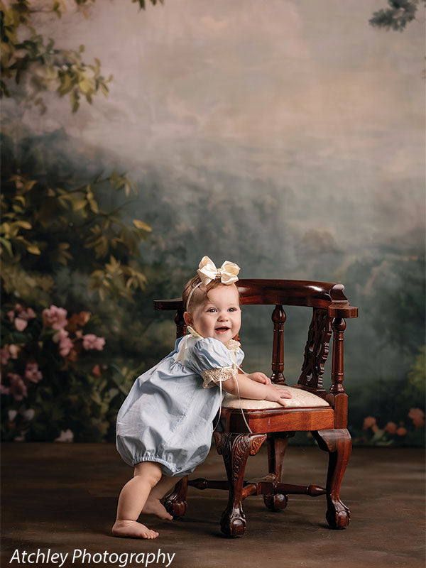 Rose Haze ethereal rose garden photography backdrop shown with a baby girl in a blue romper standing at an antique chair CP-8958