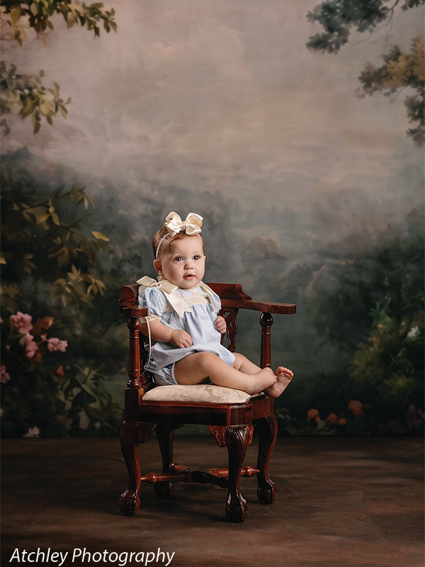 Rose Haze ethereal rose garden photography backdrop shown with a baby girl in a blue romper seated on an antique chair CP-8958
