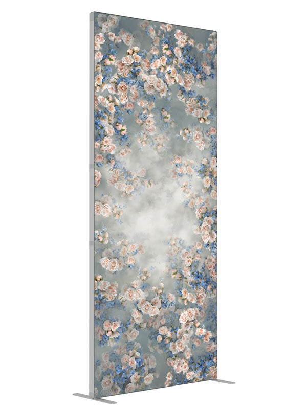Rose Master Blue Floral shown at an angled view, photography backdrop panel for Denny StudioEdge silicone edge frame, 3 ft