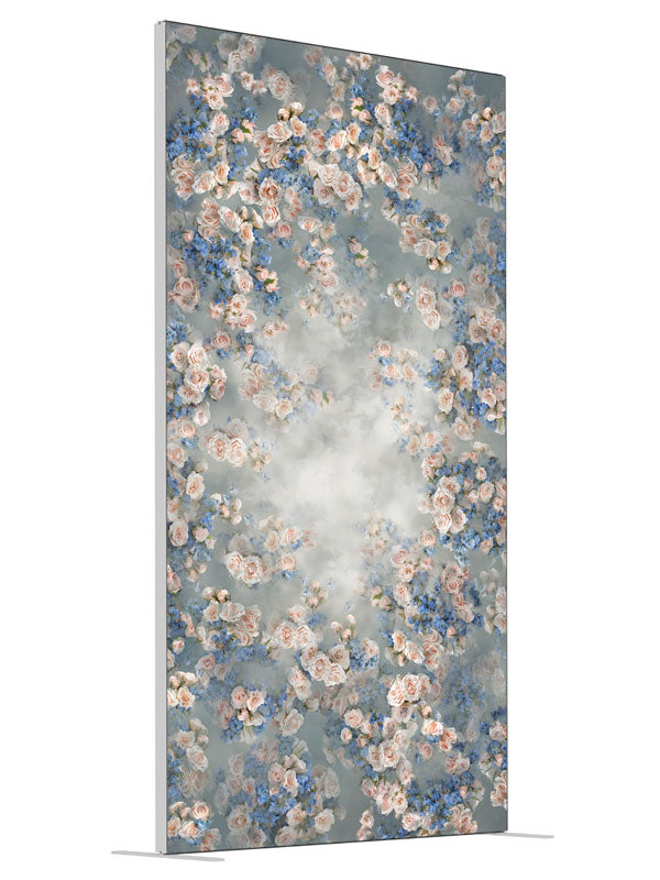 Rose Master Blue Floral shown at an angled view, photography backdrop panel for Denny StudioEdge silicone edge frame, 4 ft
