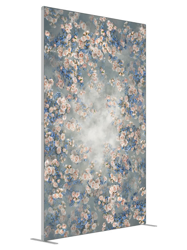 Rose Master Blue Floral shown at an angled view, photography backdrop panel for Denny StudioEdge silicone edge frame, 5 ft