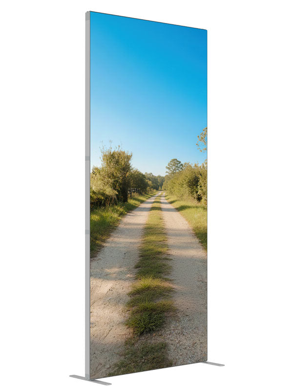 A sunny rural dirt lane between green fields with a split-rail fence under a blue sky, 3ft photography backdrop panel for Denny StudioEdge silicone edge frame