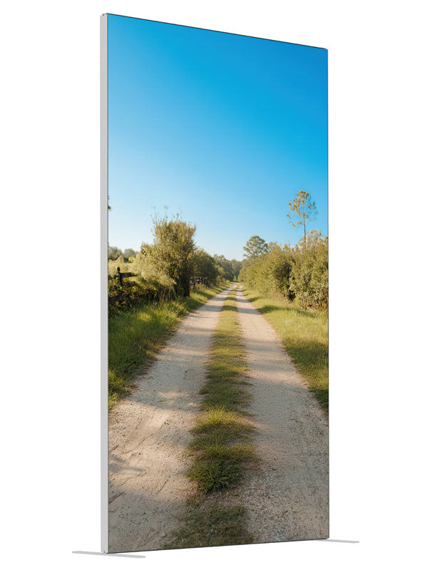 A sunny rural dirt lane between green fields with a split-rail fence under a blue sky, 4ft photography backdrop panel for Denny StudioEdge silicone edge frame