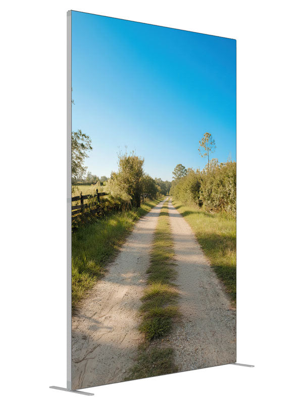 A sunny rural dirt lane between green fields with a split-rail fence under a blue sky, 5ft photography backdrop panel for Denny StudioEdge silicone edge frame