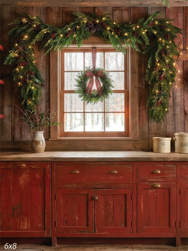 rustic Christmas kitchen red cabinets photography backdrop CP-8887