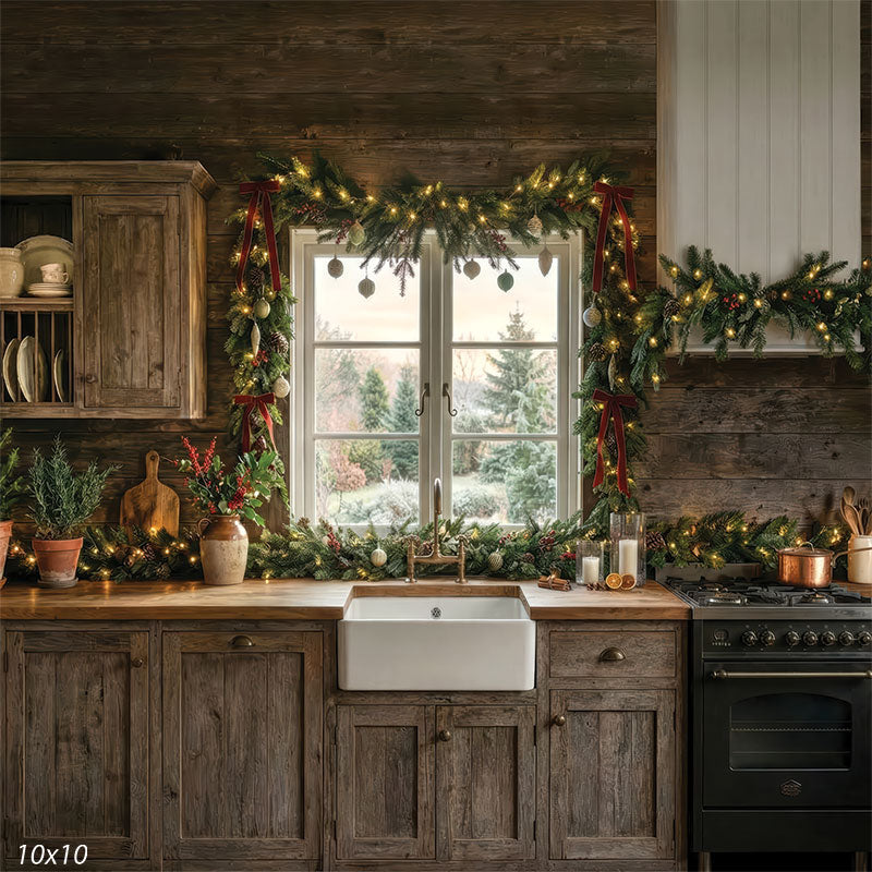 rustic Christmas kitchen studio background with dark cabinets and garland CP-8889