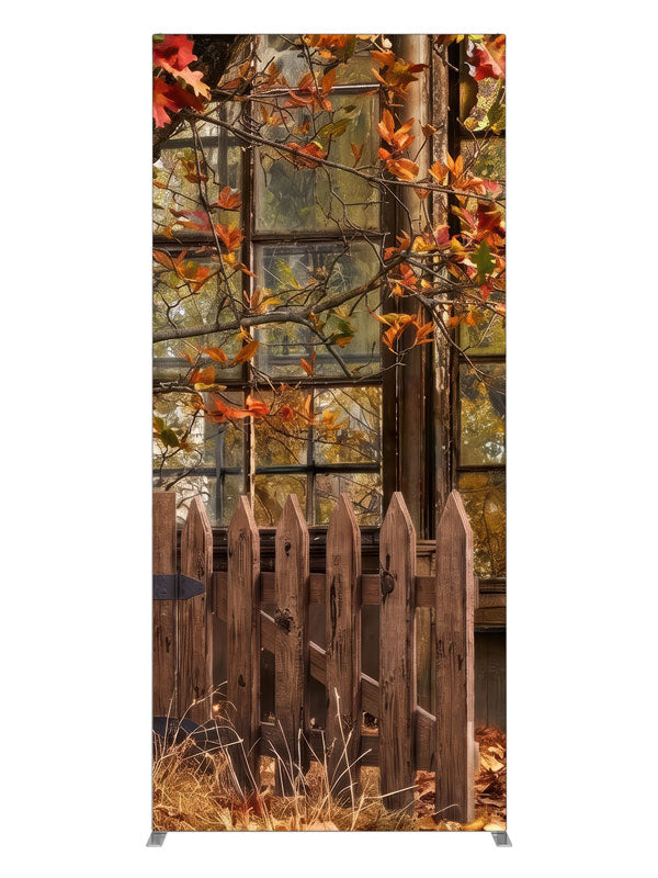 Rustic multi-pane greenhouse window behind a picket fence with an autumn oak branch, 3ft photography backdrop panel for Denny StudioEdge silicone edge frame