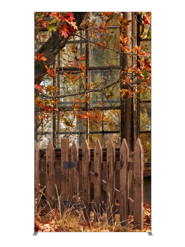 Rustic multi-pane greenhouse window behind a picket fence with an autumn oak branch, 4ft photography backdrop panel for Denny StudioEdge silicone edge frame