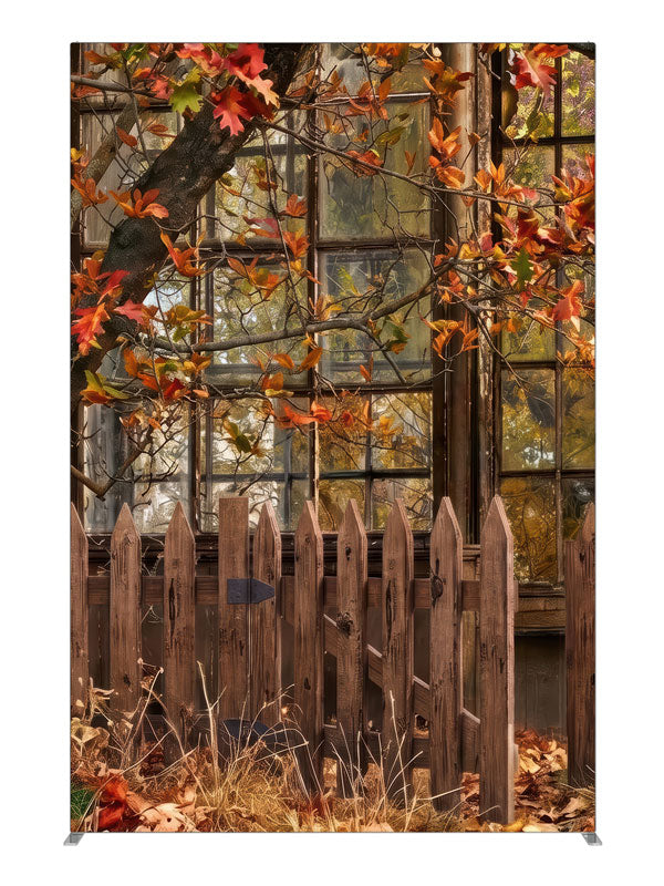 Rustic multi-pane greenhouse window behind a picket fence with an autumn oak branch, 5ft photography backdrop panel for Denny StudioEdge silicone edge frame