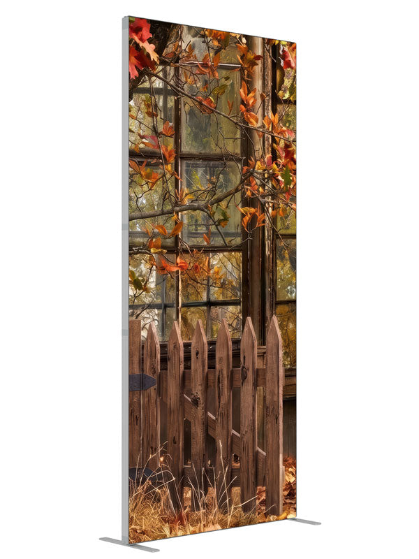 Rustic multi-pane greenhouse window behind a picket fence with an autumn oak branch, 3ft photography backdrop panel for Denny StudioEdge silicone edge frame, angled view