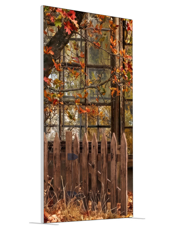 Rustic multi-pane greenhouse window behind a picket fence with an autumn oak branch, 4ft photography backdrop panel for Denny StudioEdge silicone edge frame, angled view