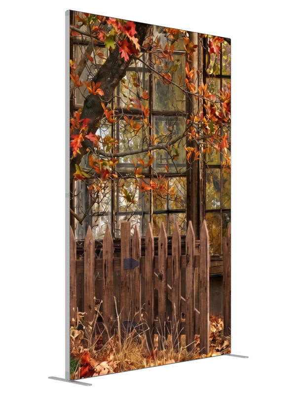 Rustic multi-pane greenhouse window behind a picket fence with an autumn oak branch, 5ft photography backdrop panel for Denny StudioEdge silicone edge frame, angled view