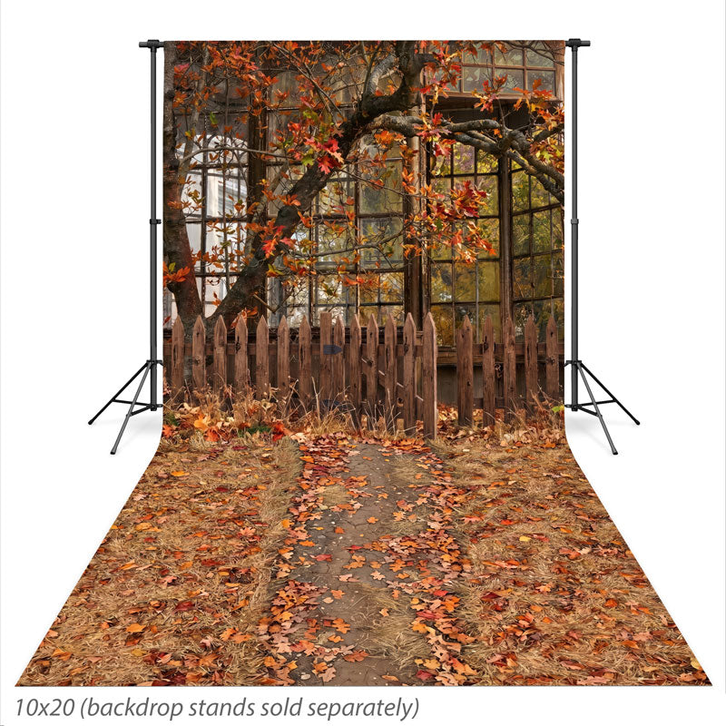 Glasshouse Rustic Greenhouse Window with Autumn Leaves photography backdrop shown extending down onto the studio floor CP-9035