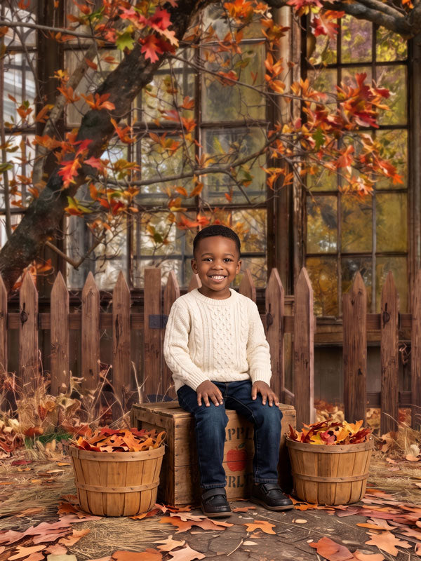 Rustic greenhouse window autumn leaves photography backdrop shown in a fall studio portrait with a young boy in a cream sweater seated on a crate between baskets of leaves CP-9035