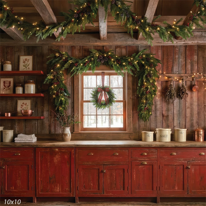 rustic holiday kitchen studio background with red cabinets and garland CP-8887