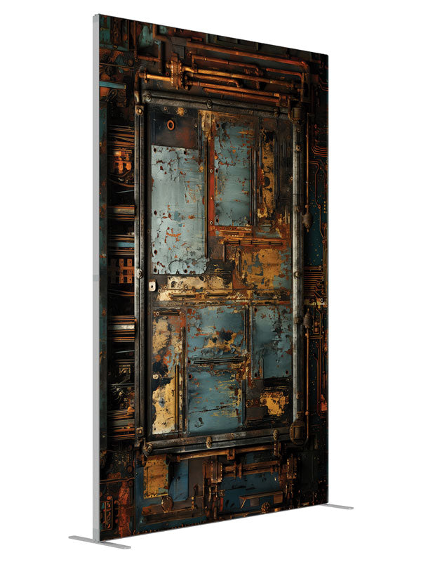 Rustic Industrial Decay Panel shown at an angled view, photography backdrop panel for Denny StudioEdge silicone edge frame, 5 ft
