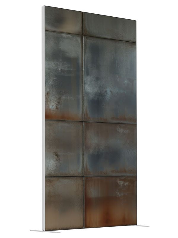 Rustic Industrial Metal Panels shown at an angled view, photography backdrop panel for Denny StudioEdge silicone edge frame, 4 ft