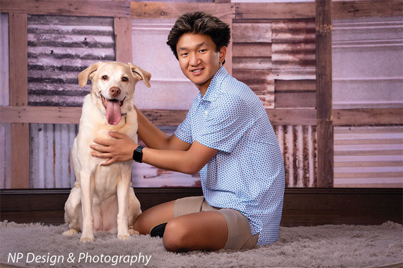 Rustic metal squares photography backdrop shown with a senior boy kneeling and hugging his yellow Labrador CP-7630