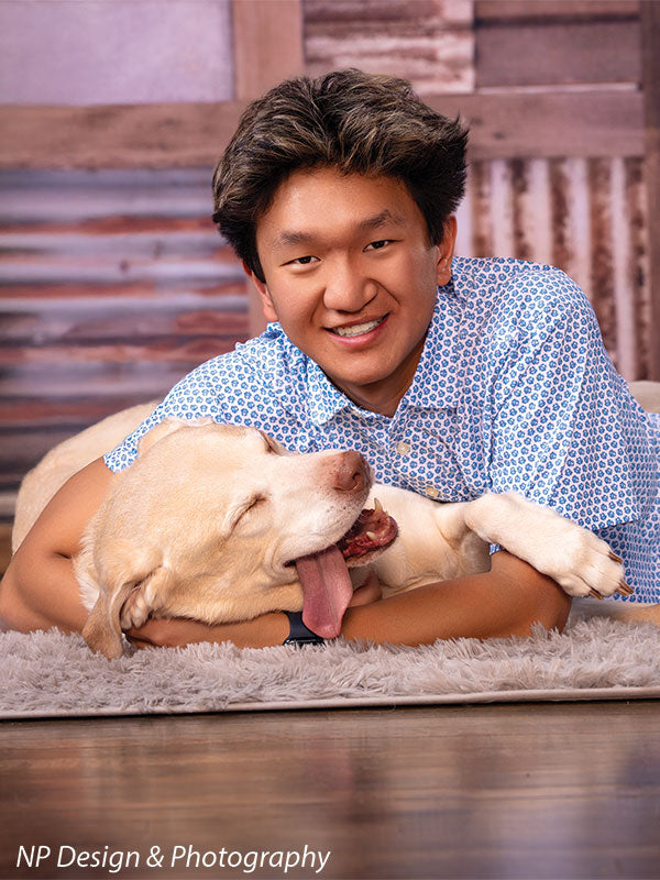 Rustic metal squares photography backdrop shown with a senior boy lying on the floor with his yellow Labrador CP-7630