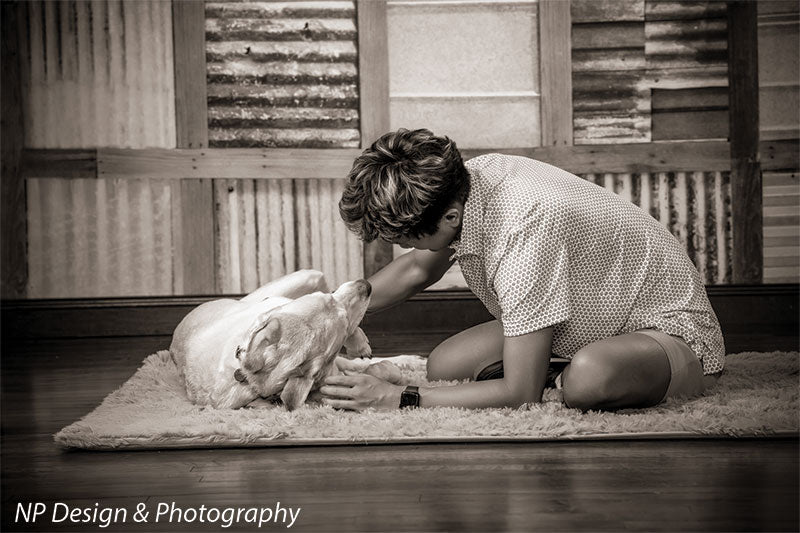 Rustic metal squares photography backdrop shown with a senior boy petting a yellow Labrador in a black-and-white image CP-7630
