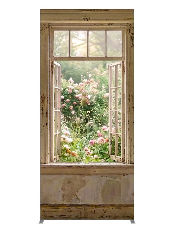A rustic cottage window, one open, looking onto a blooming pink rose garden, 3ft photography backdrop panel for Denny StudioEdge silicone edge frame
