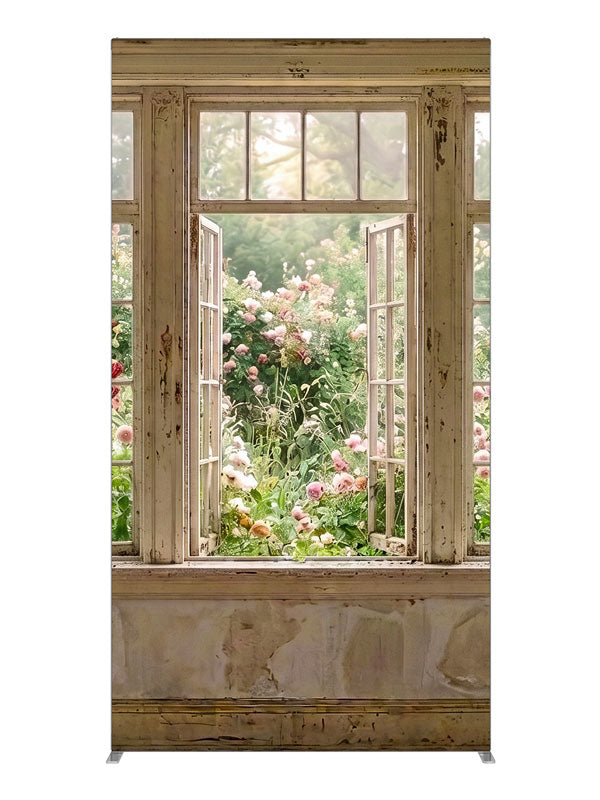 A rustic cottage window, one open, looking onto a blooming pink rose garden, 4ft photography backdrop panel for Denny StudioEdge silicone edge frame