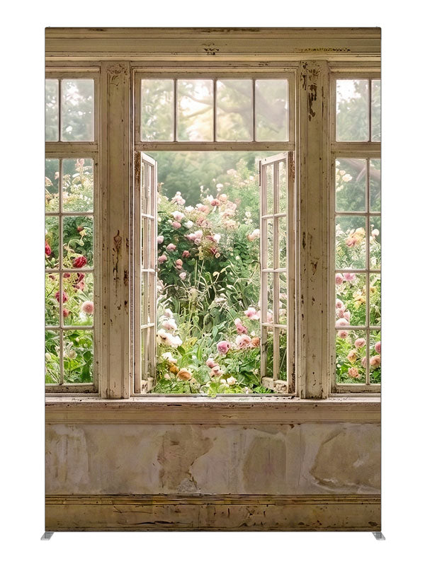 A rustic cottage window, one open, looking onto a blooming pink rose garden, 5ft photography backdrop panel for Denny StudioEdge silicone edge frame