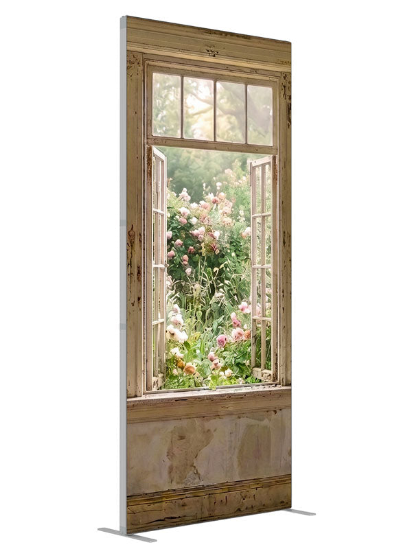A rustic cottage window, one open, looking onto a blooming pink rose garden, 3ft photography backdrop panel for Denny StudioEdge silicone edge frame