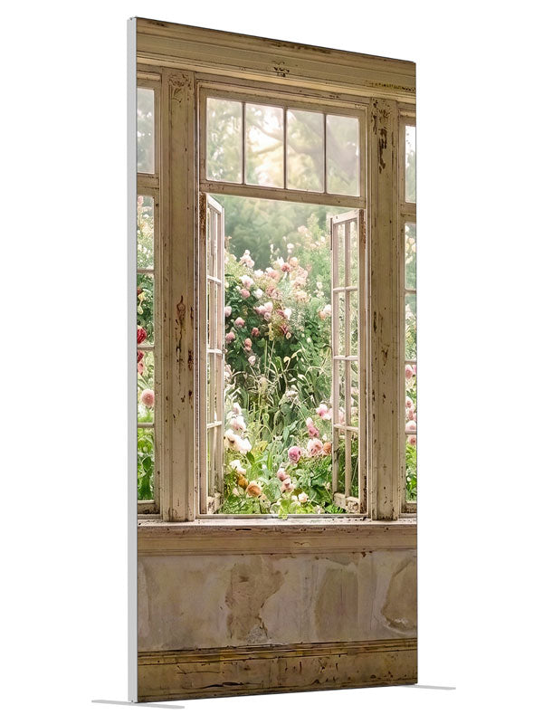 A rustic cottage window, one open, looking onto a blooming pink rose garden, 4ft photography backdrop panel for Denny StudioEdge silicone edge frame