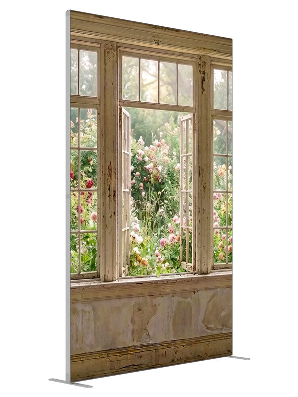A rustic cottage window, one open, looking onto a blooming pink rose garden, 5ft photography backdrop panel for Denny StudioEdge silicone edge frame
