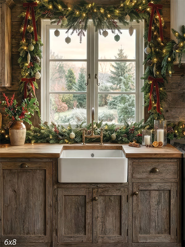 rustic wood kitchen Christmas garland photography backdrop CP-8889