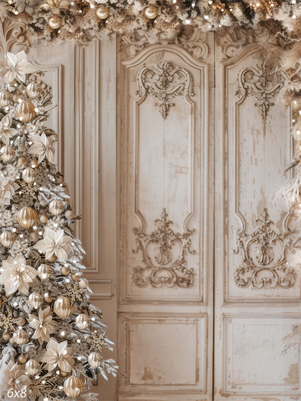 Champagne gold Christmas tree with ornate ornaments and distressed vintage doors, perfect for cozy and stylish holiday portraits