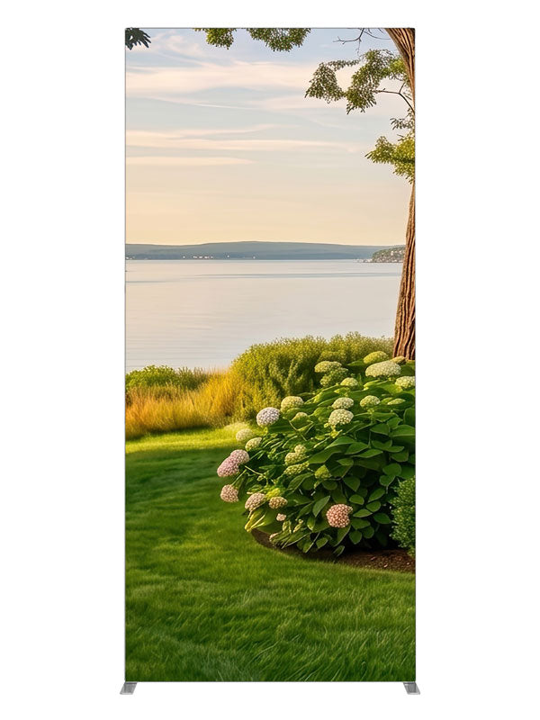 White cottage garden with blooming hydrangeas overlooking a calm summer bay, 3ft photography backdrop panel for Denny StudioEdge silicone edge frame