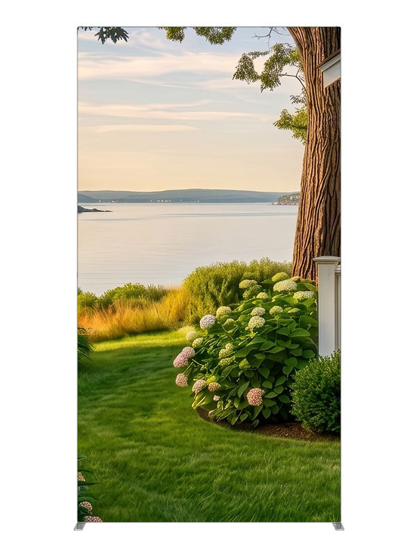 White cottage garden with blooming hydrangeas overlooking a calm summer bay, 4ft photography backdrop panel for Denny StudioEdge silicone edge frame