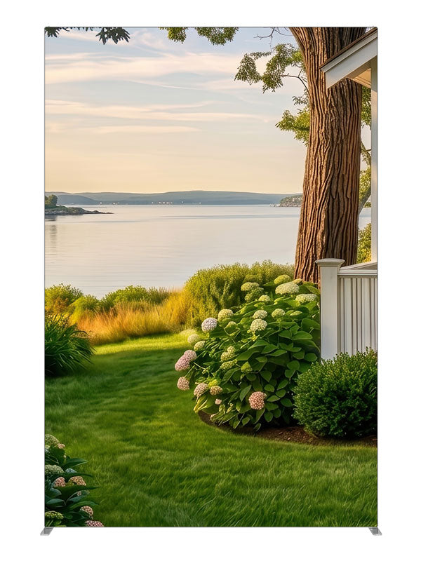 White cottage garden with blooming hydrangeas overlooking a calm summer bay, 5ft photography backdrop panel for Denny StudioEdge silicone edge frame