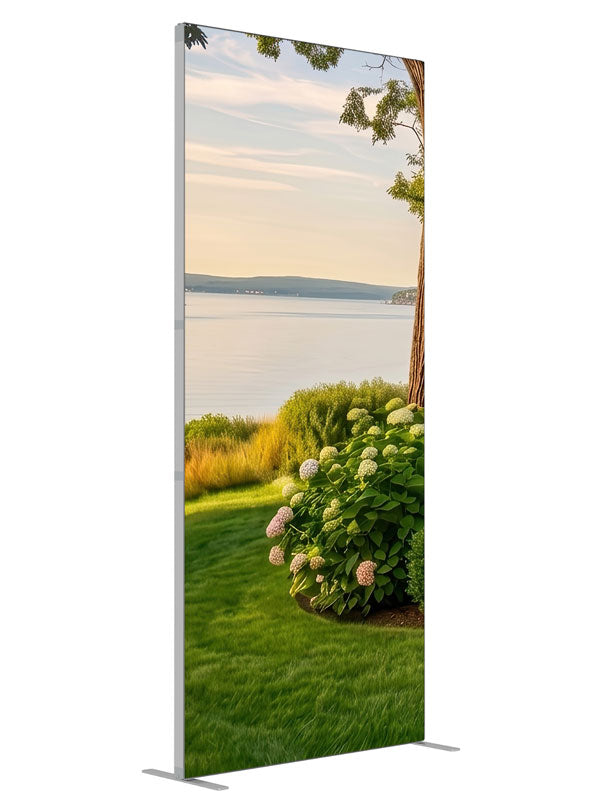 White cottage garden with blooming hydrangeas overlooking a calm summer bay, 3ft photography backdrop panel for Denny StudioEdge silicone edge frame, angled view