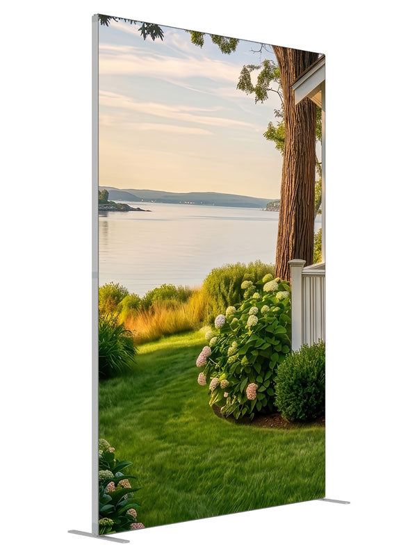 White cottage garden with blooming hydrangeas overlooking a calm summer bay, 5ft photography backdrop panel for Denny StudioEdge silicone edge frame, angled view